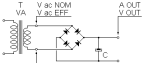 Not stabilized DC power supply with a full-wave Graetz rectifier